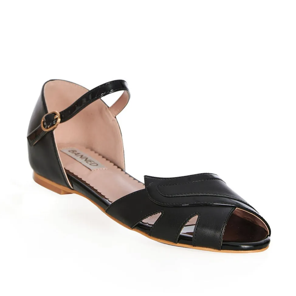 Black Ankle Strap Peep Toe Flat Sandal