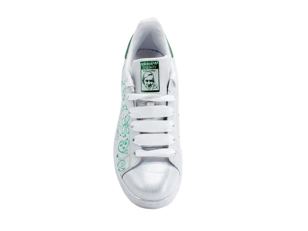 CUSTOM / ADIDAS Stan Smith Sneaker Flower White Green