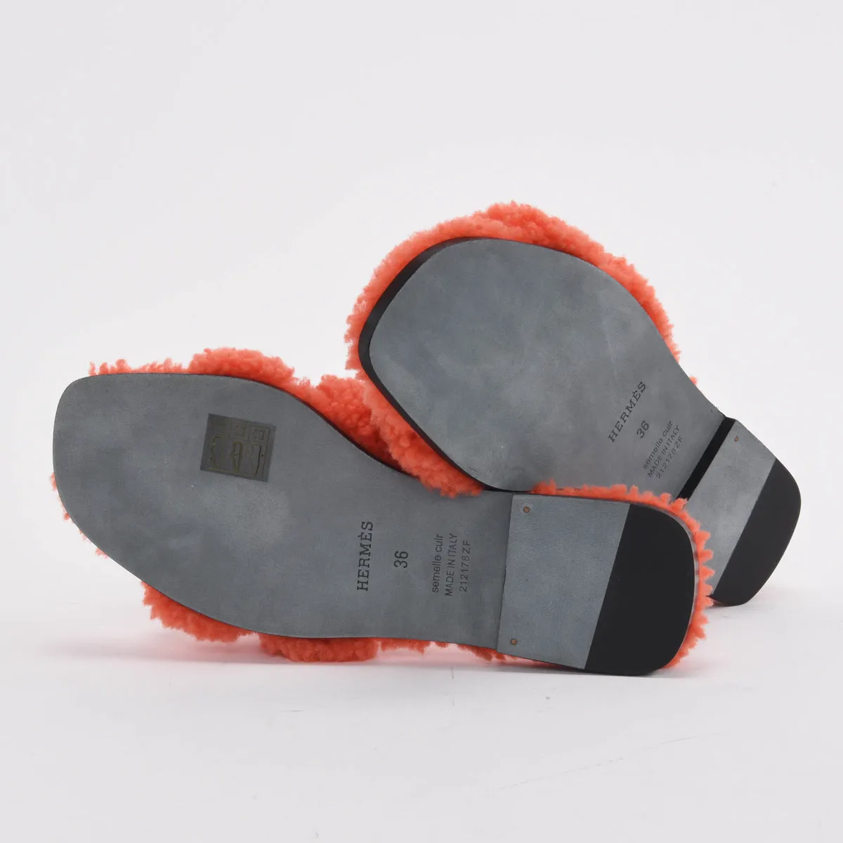 Hermes Orange Shearling Oran Sandals 36