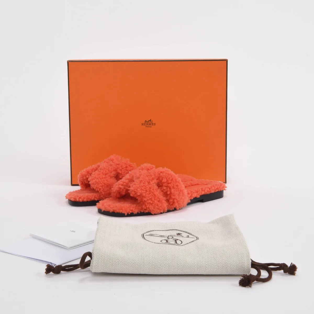 Hermes Orange Shearling Oran Sandals 36