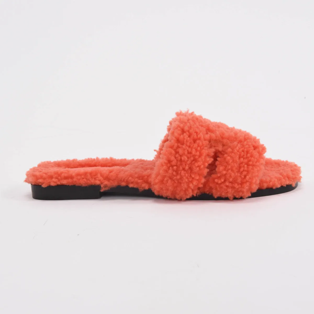 Hermes Orange Shearling Oran Sandals 36