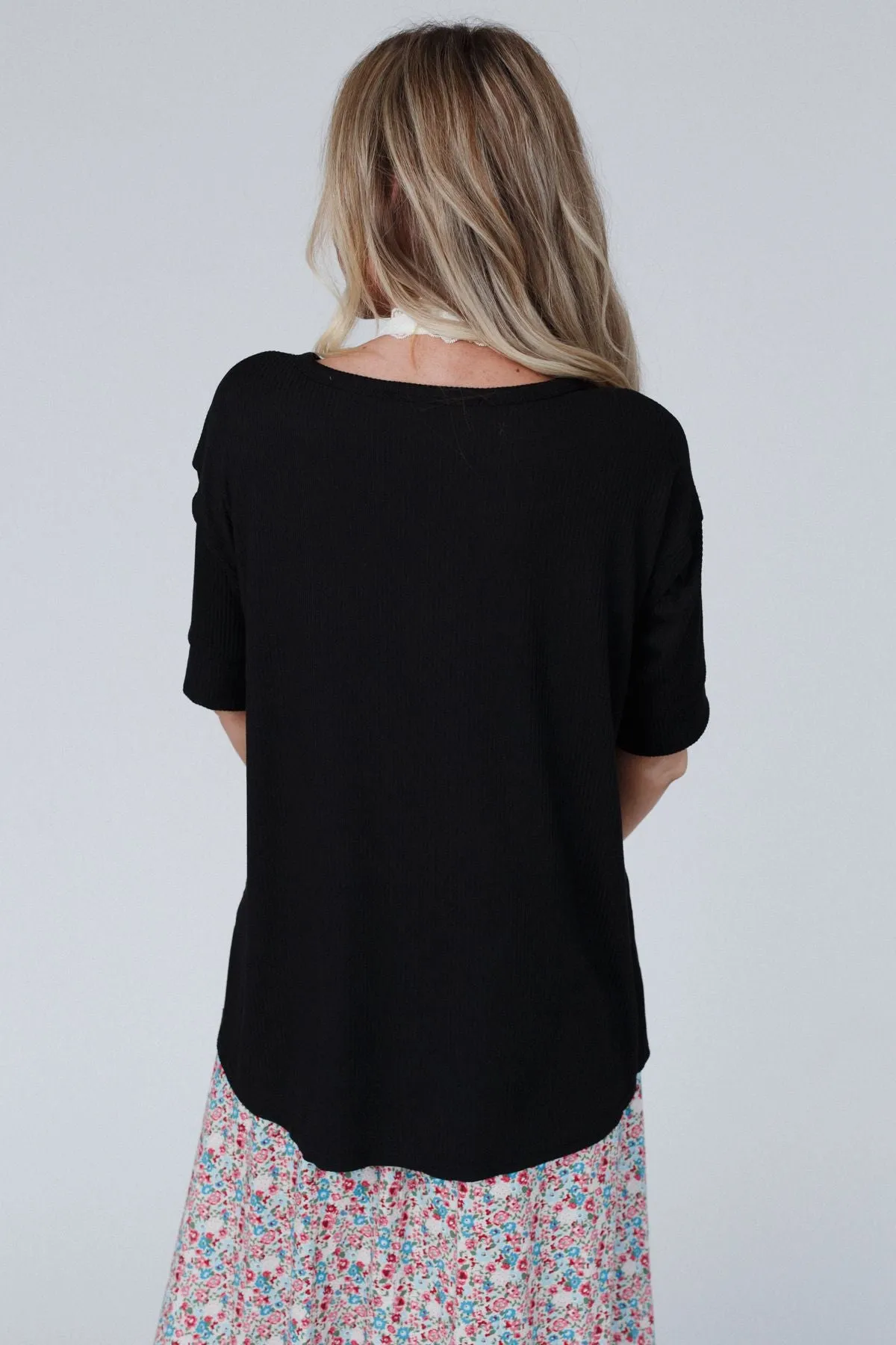 Leila Ribbed Henley Top - Black